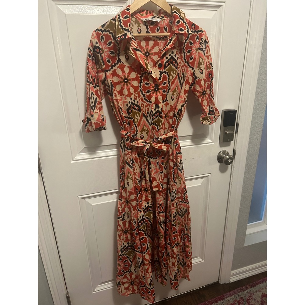 Zara Womens Pink Orange Ikat Floral Tiered Midi Shirt Dress Size Medium Belted - Picture 3 of 6
